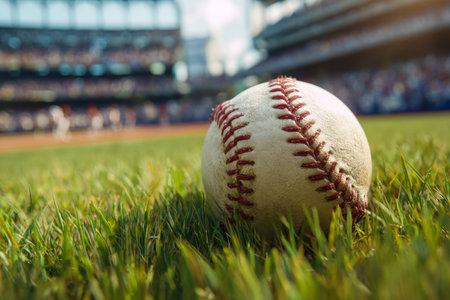 An aged baseball lies on lush grass as energetic players hustle in the distance, while the enthusiastic crowd's cheers fill the lively midday stadium atmosphere.の写真素材