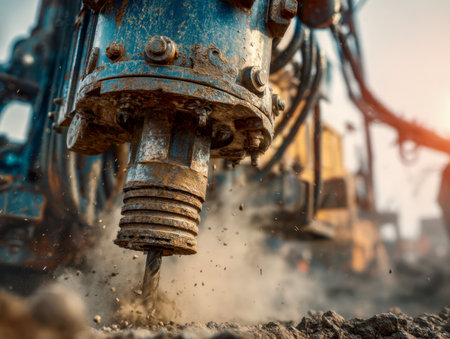 A rugged drilling device pierces hardened earth, revealing a flurry of dust and particles under the bright sunlight, capturing intense construction effort.の写真素材