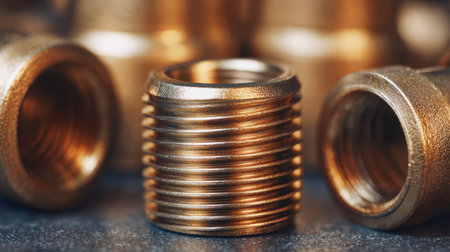 An intricate brass fitting with threading details is complemented by other metal connectors, highlighting precision craftsmanship and robust industrial plumbing techの写真素材