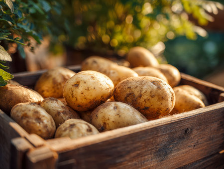 Sunlit outdoors scene showcasing earthy potatoes nestled in a weathered wooden crate, their natural imperfections highlighted by dappled sunlight and lush greenery.の写真素材