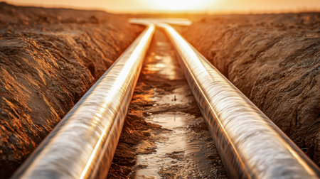 Shiny metal conduits stretch side by side across earthy trenches, basking in golden sunlight,...