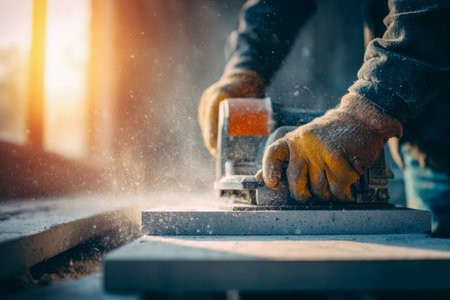 A craftsman expertly smooths a stone slab with a power sander, clad in safety gloves, bathed in golden sunlight filtering through a busy workshop.の写真素材