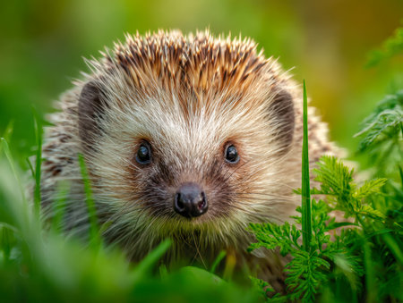 A small, inquisitive hedgehog cautiously emerges amidst vibrant greenery, its sharp spines contrasting with the fresh leaves and sparkling daylight.の写真素材