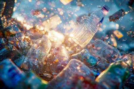 Sunlight filters through a jumble of discarded plastic, casting shimmering reflections on bottles amidst tangled waste, highlighting urgent ecological issues.の写真素材