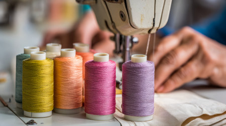 Brightly colored threads arranged neatly beside a sewing device, with skilled hands shaping fabric amid a lively, creative workshop ambiance.の写真素材