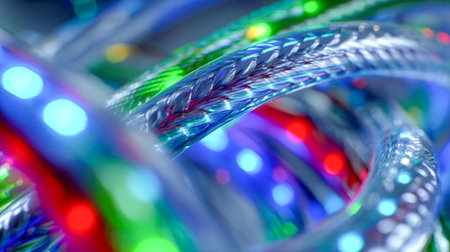 A lively array of glowing fiber optic strands weave together, casting shimmering, colorful reflections that evoke a cutting-edge, sci-fi inspired digital landscape.の写真素材