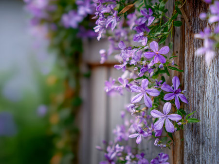 Soft sunlight illuminates a gentle cascade of lavender blossoms draping over an aged wooden fence, evoking tranquility and lively charm in a peaceful garden scene.の写真素材