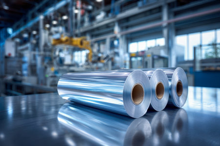 Three glistening foil rolls rest on a mirror-like surface within a sleek, contemporary factory setting, with machinery and tools fading into the background.の写真素材