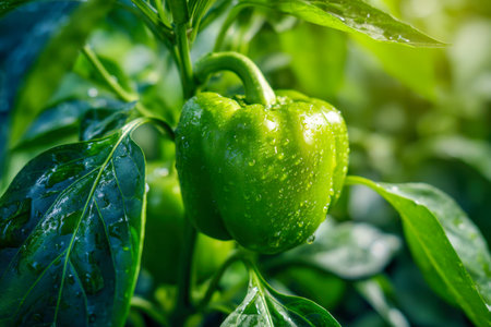 Dew-kissed foliage threads sunlight onto a vibrant green pepper, showing natural freshness and vitality amidst lush garden greenery at dawn.の写真素材