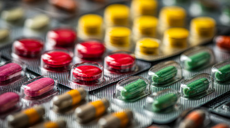 Vibrant assortment of pills and capsules neatly organized in blister packs, illustrating diverse...
