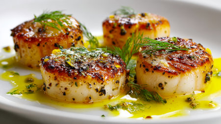 Juicy seared scallops topped with vibrant herbs and coarse pepper, resting on a pristine white dish drizzled with aromatic golden herb oil, evoking elegance.の写真素材