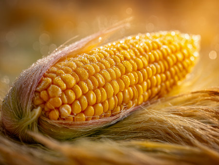 A golden ear of corn freshly gathered, its plump kernels shimmering under afternoon sunlight, with delicate silky fibers adding a touch of natural texture.の写真素材