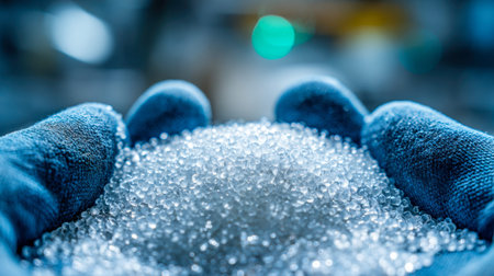Safety-gloved hands cradle glossy, see-through plastic granules in a well-lit factory setting,...