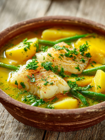 A comforting bowl of fish stew laden with flaky cod, vibrant green beans, hearty potatoes, and...