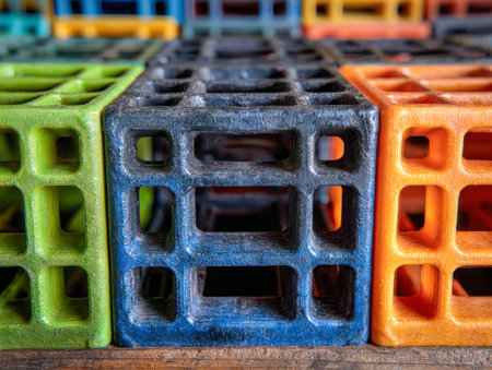 Vibrant geometric hollow plastic containers in shades of green, blue, and orange are neatly aligned...