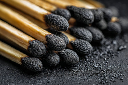 Close-up of blackened matchsticks with blackened tips scattered across a dark background, highlighting gritty textures and stark contrast amid ash particles.の写真素材