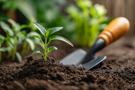 A vibrant young sprout emerges from fertile earth, paired with a gardening trowel poised for planting, set against a softly blurred green backdrop.の写真素材