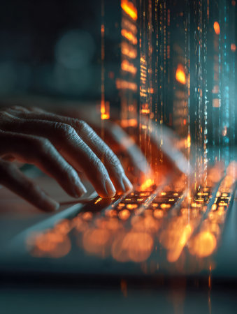 Night illuminates a user's focused hands as they navigate a luminous keyboard, with shimmering data flows highlighting advanced cyber defense and digital evolution.の写真素材