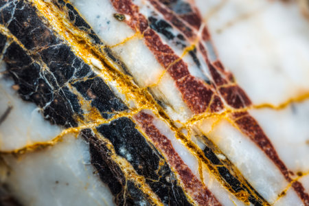 A close-up of a marble surface reveals a dynamic blend of dark and light streaks, accented with fiery red and shimmering gold veins, embodied timeless sophisticatioの写真素材