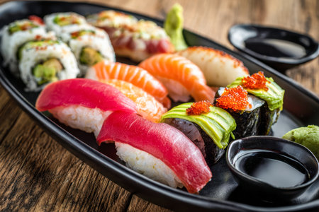 A colorful assortment of sushi and hand-rolled creations displayed on a dark platter, complemented by soy sauce and wasabi, set against a warm, rustic wooden surfaceの写真素材