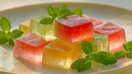 An inviting array of colorful fruit jelly cubes artfully piled on a crisp white plate, accented with aromatic green mint for a lively and revitalizing treat.の写真素材