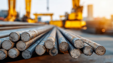 A neat arrangement of metallic bars lies in a spacious yard, with distant cranes softly blurred beneath a golden glow, evoking industry resilience and progress.の写真素材