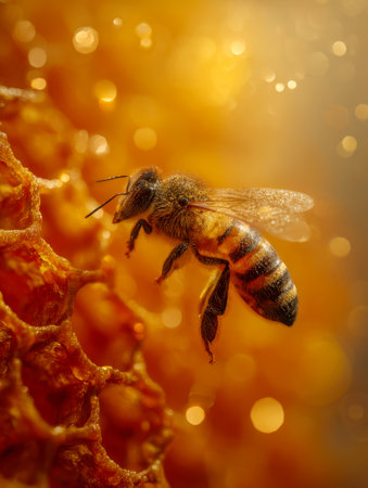 A detailed close-up of a diligent bee gathering sweet nectar from luminous amber honeycomb, illuminated by gentle sunlight with shimmering, dreamy bokeh in the backgの写真素材