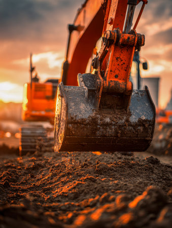 A robust excavator shifts earth under warm evening light, with sunlight accentuating its mechanical details and the textured soil at a bustling construction zone.の写真素材