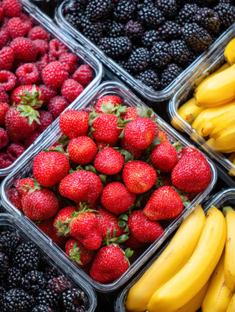 A vibrant display of ripe berries and bananas arranged neatly in transparent containers, evoking freshness and perfect for healthy snack or recipe inspiration.の写真素材