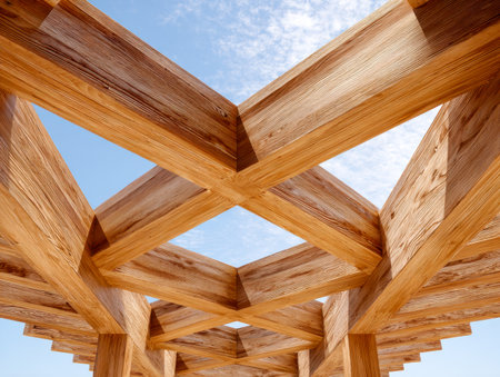 Sunlit open-air framework featuring complex interwoven wooden elements creating striking geometric shapes against a vibrant blue sky.の写真素材