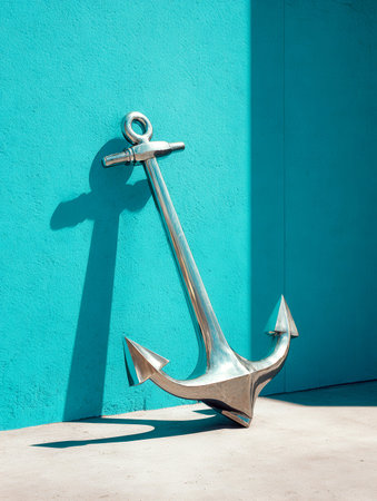 A polished steel anchor art piece leans against a lively blue wall, its glossy surface reflecting...