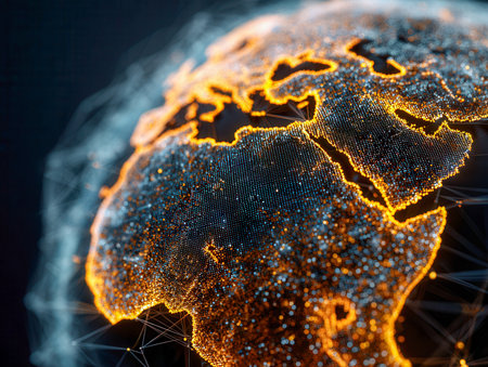 A vibrant digital map of Africa and neighboring territories, featuring luminous orange network nodes and pathways that symbolize seamless international connectivity.の写真素材
