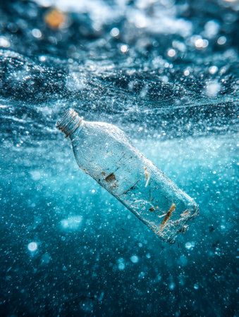 A clear plastic vessel drifts amidst saltwater, encircled by minuscule scraps and shimmering bubbles, emphasizing the severity of ocean contamination.の写真素材