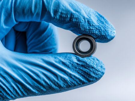 A gloved hand delicately grips a tiny, intricate metal component, highlighting precision craftsmanship amid a simple gray backdrop, ideal for industrial applicationsの写真素材