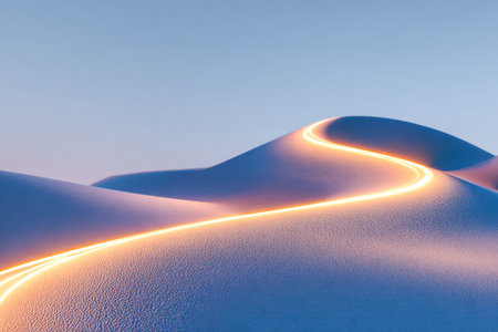 A gentle, luminous path snakes across tranquil dunes under a crisp twilight sky, evoking a dreamlike serenity in this ethereal desert tableau.の写真素材