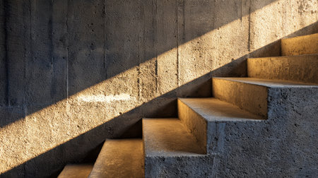 Warm sunlight forms sharp, angled shadows across textured stairs and walls, creating striking geometric shapes that emphasize the rough surface and contrasting tonesの写真素材