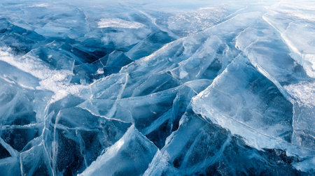 Delicate fracture lines weave across a icy expanse, revealing a mosaic of rich navy hues and clear, glass-like layers that evoke winter's quiet artistryの写真素材
