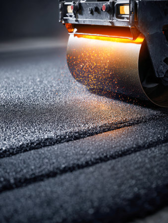 A heavy machinery presses down on dark, newly laid asphalt under a dim night sky, radiant heat and tiny sparks creating a dynamic, fiery scene of urban development.の写真素材