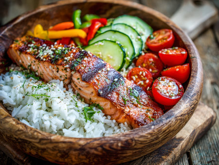 A deliciously charred salmon fillet paired with fluffy rice, crisp cucumber rounds, juicy cherry tomatoes, and vibrant bell peppers in a cozy wooden bowl.の写真素材