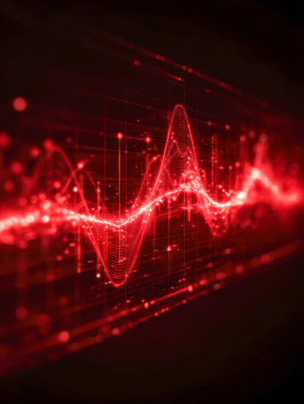 Vibrant red oscillations and structured grid lines depicting real-time data exchange and high-tech networking in a sleek, innovative digital environment.の写真素材