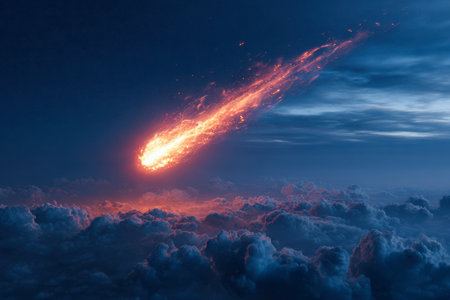 A luminous streak of fire tears emerging through the dusky sky, igniting the atmosphere above cloudtops and casting a vivid glow on the horizon's darkness.の写真素材