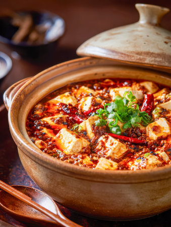 A steaming bowl of fiery tofu and minced meat stew, garnished with dried chilis and chopped green onions, rests in a weathered clay vessel, evoking authentic home-coの写真素材