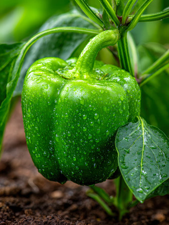 Dew-kissed green pepper ripens on its vine amidst moist soil, capturing the serenity of dawn's first...