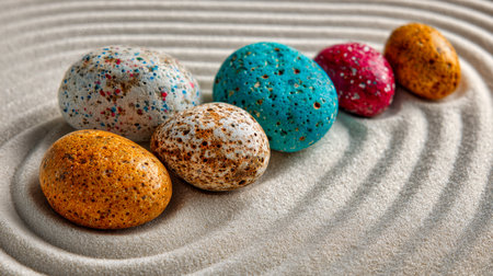 An array of vibrant, dotted stones rests gently on smooth sand, meticulously raked into concentric circles, evoking serenity and perfect mindfulness.の写真素材