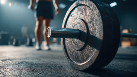 A rugged iron weightplate lies on the gym floor, with a determined athlete in motion blurring behind, embodying strength and focus before a workout.の写真素材