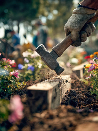 A hands-on gardener in protective gloves secures a wooden support into rich earth, amid a colorful display of blossoms under a clear, sunlit sky.の写真素材