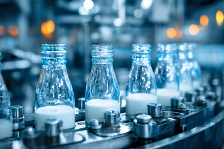 Automated machinery pipes pure milk into pristine glass containers, illuminated by crisp overhead lighting in a sleek, high-tech dairy facility.の写真素材