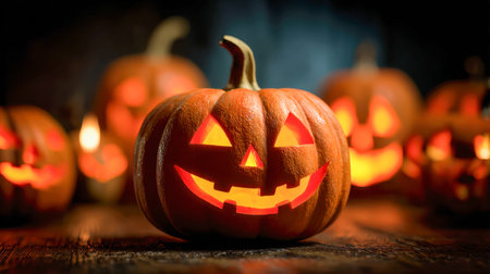 A cheerful, illuminated pumpkin with a carved grin shines warmly amidst a collection of other...