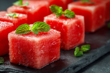 Juicy watermelon chunks topped with fragrant mint leaves, arranged on a sleek dark slate surface for a vibrant, cooling summer treat or elegant dessert display.の写真素材