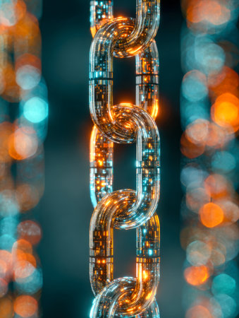 Sleek, luminous metal links intertwined, emitting radiant orange and blue hues, set against a deep shadowed backdrop with shimmering reflections and soft bokeh glowsの写真素材